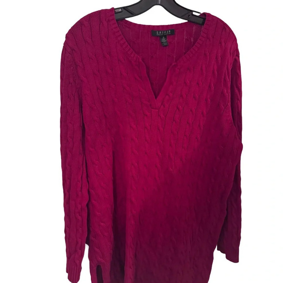 Lauren Ralph Lauren women’s Red Cable Knit Pullover cotton Sweater V Neck Sz 2X - Picture 1 of 8